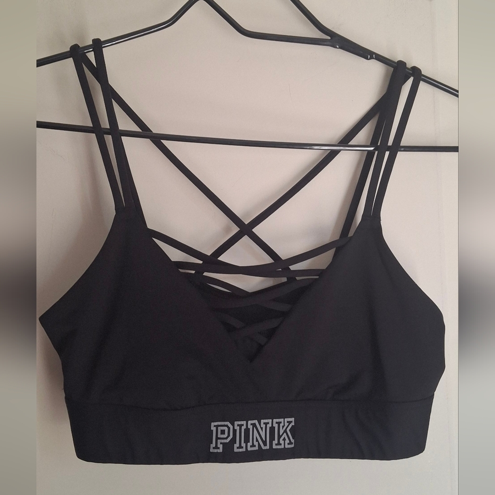 PINK Victoria's Secret Black Crisscross Bralette Sz S Sporty Athletic Gym Hiking